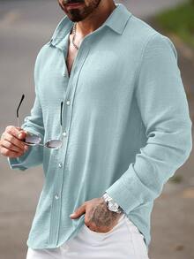 Manfinity CasualCool Men's Solid Color Casual Linen Button-Down Long Sleeve Shirt, Beach Summer Blue Men Shirt - Mint Green - View 3