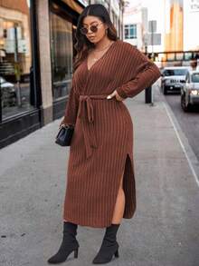 SHEIN LUNE Plus Split Thigh Belted Dress, For Thanksgiving Maxi Women Outfit - Chocolate Brown - View 3