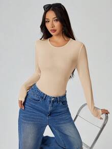 SHEIN PETITE Solid Long Sleeve Slim Fit White T-Shirt Bodysuit