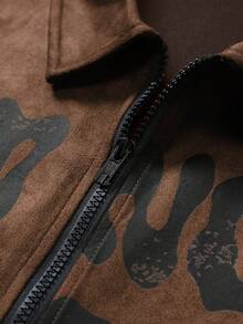 Manfinity Roghcode Fashionable Short Letter Print Casual Long Sleeve Jacket For Men, Earthy Brown Zip Up Jacket - Camel - View 8