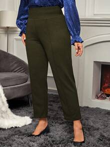 EMERY ROSE Plus Size High Waist Seam Detail Cropped Pants,Daily Wear,Going Out Winter,Elegant  For Party - Green - View 3