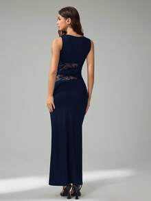 SHEIN Tall Women's Black Elegant Lace Stitching Sincere Long Dress,Elegant Women Dresses,Party Women Outfits,New Years Women Dress,Black Women Dresses,New Years Women Outfit,New Year Party Dress Navy Blue Elegant Dress Cruise Dinner Dress Dark Blue Dress Bodycon Maxi Dress,Wedding Guest Dress Women - Navy Blue - View 3