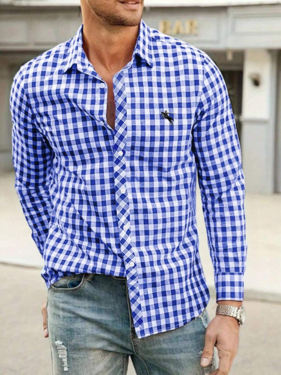Manfinity Homme Men's Single-Breasted Embroidered Blue & White Plaid Long Sleeve Shirt, For Fall - Purple - View 1