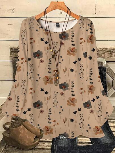 EMERY ROSE 水彩花卉印花加大码圆领3/4袖衬衫，适合秋冬季