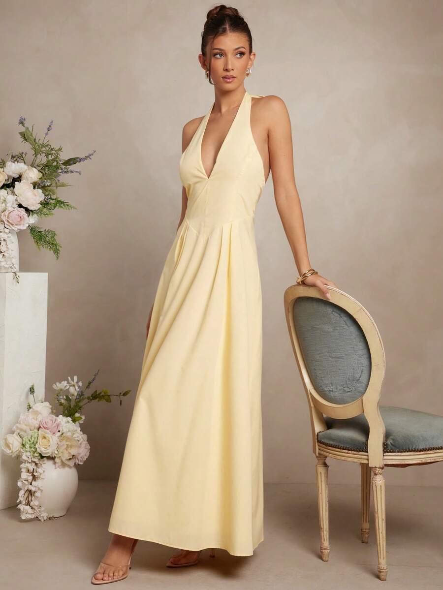 L'Amorae 优雅的奶油黄色低领露背长裙，带口袋 - 黃色 - 查看 1