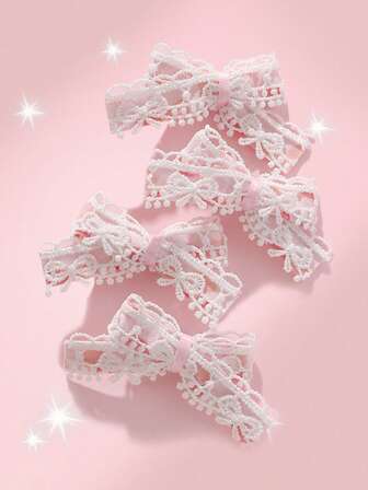 Kawaii 4 Stück/Set Einfach elegante süße Mädchen hochwertige weiße Cut Out Spitze Herz Blumen Ornament rosa Schleife Haarspangen, geeignet für Schwestern/beste Freundinnen für den täglichen Gebrauch und als Geschenkidee für Feiertage Haarklammern, Haarspangen