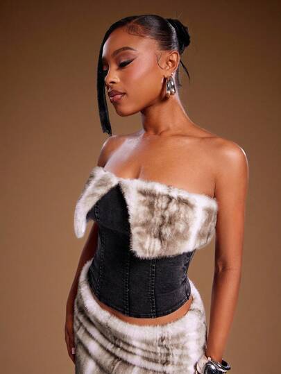 Denimoi Faux Fur Trim Strapless Denim Tube Top, Fall & Winter Tops, Faux Fur Tops, Denim Tops