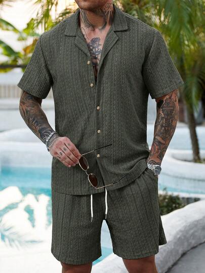 Manfinity RSRT 2 Pcs/Set Men's Solid Color Button-Down Hollow Shirt And Shorts Set, Vacation Solid Color Husband Casual Wear, Suitable For Vacation, Seaside Beach, Daily Leisure,Summer Wear Men Knitted Set Casual Two Pieces Set Men Men Resort Wear Linen Two Pieces Set Men Linen Men Walking Suit Vacation Two Pieces Set Men