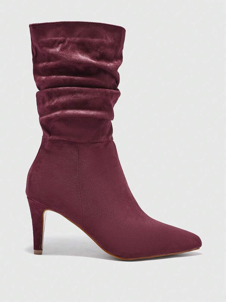 CUCCOO BIZCHIC Burgundy Pointed Toe Stiletto High Heel Slip-On Pleated Suede Mid-Calf Boots, Comfortable Versatile Women's Ankle Boots For Daily Commute For Christmas