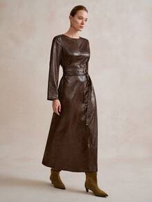 SHEIN Stylify 25+ 女士亚麻圆领束腰 H 字形咖啡色腰带细节超长波西米亚休闲连衣裙、工作服、秋冬 - 棕色 - 查看 3