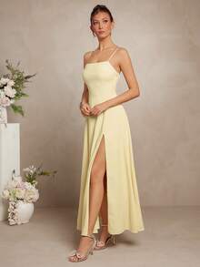 L'Amorae Elegant Sexy Solid Color High Slit Sleeveless Dress, Summer Golf Pastal - Yellow - View 4
