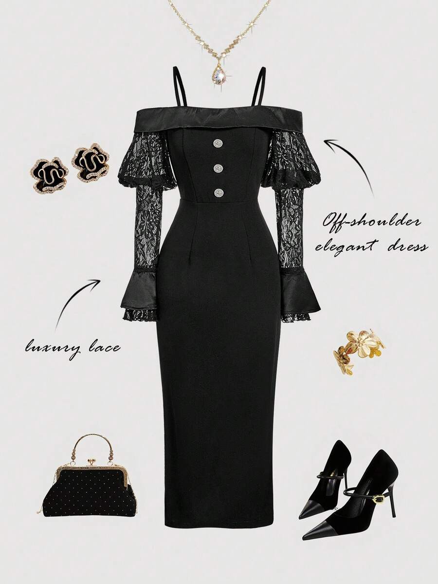 SHEIN MOD Satin Contrast Lace Sleeve Elegant Women Long Dress Midi Black Dress Corset Midi Dress Black Funeral Dress,Black Dress,Winter Dress,Christmas Dress,New Year Dress,Party Dress,Wedding Guest Dress,Graduation Dress,Elegant Dresses For Women,Prom Dresses,Luxury Evening Dresses For Women