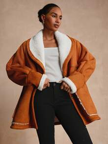 SHEIN LUNE Women's Faux Deer Suede Contrast Sherpa Collar Jacket - Brown - View 3