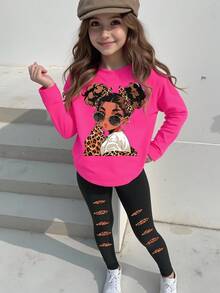 SHEIN Girls Cute Girl Silhouette Fashion Print Casual Long Sleeve T-Shirt & Leggings Set