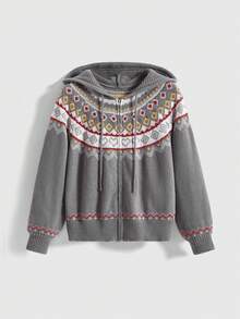 ROMWE Kawaii Christmas Fair Isle Pattern Jacquard Plus Size Sweater Cardigan With Puff Sleeves - Grey - View 1