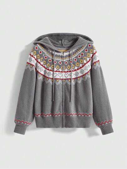 Kawaii Cardigan oversize con motivo Fair Isle jacquard, maniche a palloncino, adatto per il Natale