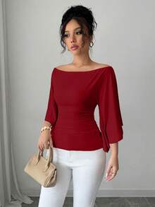 Elenzga Áo len dệt kim cổ thuyền tay loe ôm sát màu trơn dành cho nữ - Màu Đỏ Sâu - Xem 3