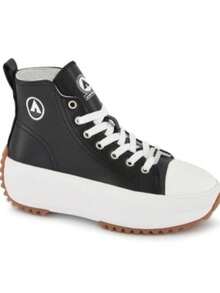 Tenis femeninos de plataforma alta bicolor punta redonda con cordones estilo urbano moda casual para uso diario - Blanco y Negro - Ver 1