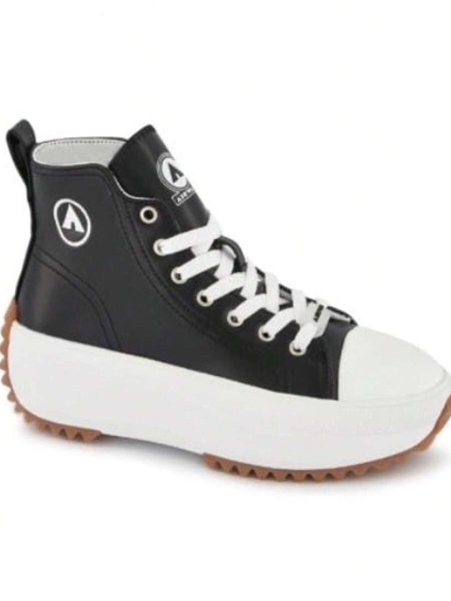 Tenis femeninos de plataforma alta bicolor punta redonda con cordones estilo urbano moda casual para uso diario - Blanco y Negro - Ver 1