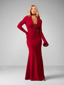 MISSGUIDED Váy Maxi Ôm Body Cổ Chữ V Tay Dài Màu Đỏ Đậm Cổ Chữ V Tay Chuông Cho Buổi Tối Trang Trọng Giáng Sinh - Màu Đỏ Sâu - Xem 4