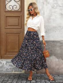 Brillora Falda casual versátil de múltiples capas con estampado floral diminuto para mujeres, apta para otoño/invierno, Año Nuevo, vacaciones, estilo bohemio. Falda larga azul marino con estampado de plantas y detalle de volante y abertura para mujeres - Azul Marino - Ver 1