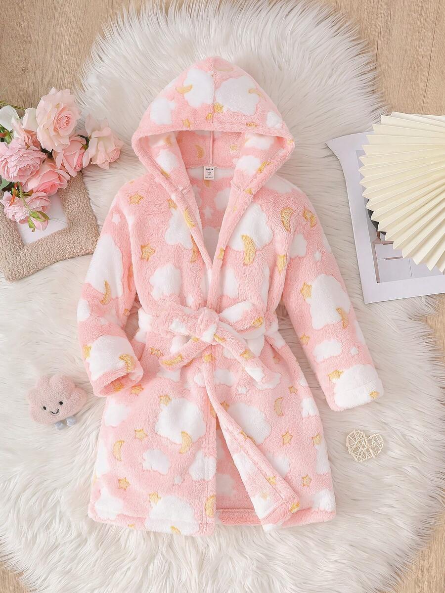 SHEIN 年轻女孩针织蓬松连帽休闲开衫家居服 - 淺粉色 - 查看 1