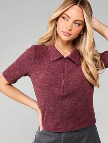 MISSGUIDED Knitted Polo Zip Up Short Sleeve Jumper Collared Top Casual Ribbed Texture Burgundy Christmas - Burgundy - View 4