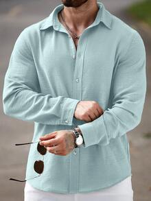 Manfinity CasualCool Men's Solid Color Casual Linen Button-Down Long Sleeve Shirt, Beach Summer Blue Men Shirt - Mint Green - View 4