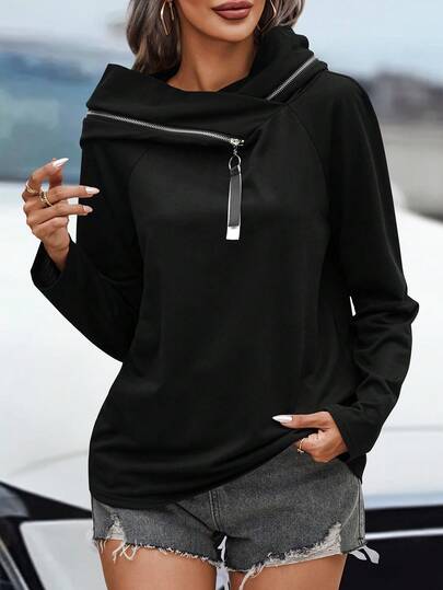 SHEIN PETITE Sudadera con cremallera de talla estándar para mujer, sudadera casual para otoño/invierno
