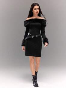 Sparklyn Teenager Mädchen Kuschelig Einschulter Patchwork Strick Figurbetontes Kleid für Herbst/Winter, zarte schulterfreie Gestaltung verleiht Vitalität, kuschelige & gestrickte Patchwork-Optik schafft mehrschichtige Textur, figurbetonter Schnitt schmeichelt der Silhouette, süß aber leicht, geeignet für verschiedene jugendliche Anlässe - Schwarz - Übersicht 3