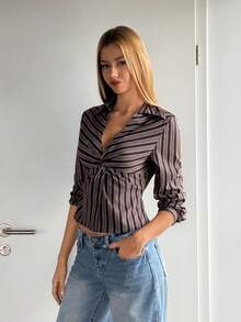 EgrlEra Women's Striped Twist Front Fitted Blouse, Suitable For Commuting