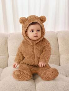 SHEIN Bộ đồ liền thân lót nhiệt thiết kế hình gấu dễ thương cho bé trai/bé gái sơ sinh, phù hợp cho mùa thu/đông cho bé Bộ đồ liền thân gấu bông cho bé Bộ đồ liền thân gấu Bộ đồ khỉ cho bé sơ sinh Bộ đồ liền thân lông cừu Giáng sinh - màu nâu - Xem 6
