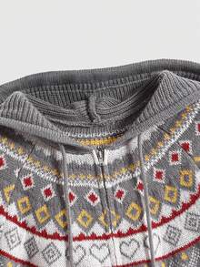 ROMWE Kawaii Christmas Fair Isle Pattern Jacquard Plus Size Sweater Cardigan With Puff Sleeves - Grey - View 3