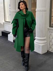 Calvaya Plus Size Solid Color Fashionable Elegant Mid-Length Women Overcoat - Dark Green - View 3