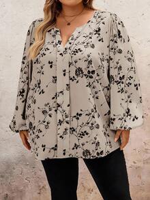 SHEIN CURVE+ Camisa casual de manga larga con cuello en V y estampado floral en toda la prenda, talla grande - Camel - Ver 4