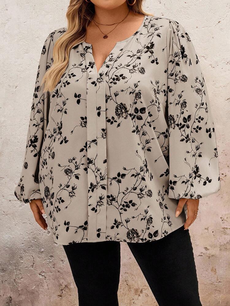 SHEIN CURVE+ CURVE Camisa Casual de Manga Longa com Decote em V e Estampa Floral Completa para Tamanhos Grandes - Caramelo - Visão 4