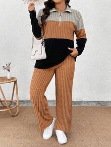 EMERY ROSE Plus Size Collared Zipper Decor Soft Knit Long Sleeve Ribbed Colorblock T-Shirt & Soft Ribbed Pants Casual 2-Piece Outfit - Multicolor - View 1