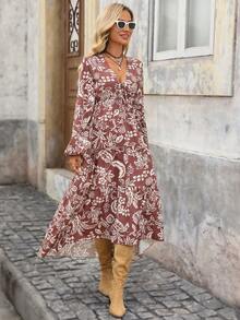 Brillora Váy midi tay đèn lồng buộc phía trước họa tiết cây cối dành cho kỳ nghỉ dành cho nữ - màu nâu - Xem 1