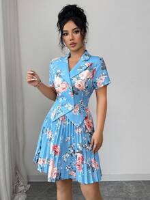 Elenzga Bộ vest nữ thanh lịch, lãng mạn, tay ngắn, xếp ly, dáng chữ A - Màu xanh lam - Xem 4