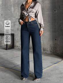 WOMEN CLASSIC HIGH WAIST STRAIGHT DARK BLUE JEAN - Dark Wash - View 1