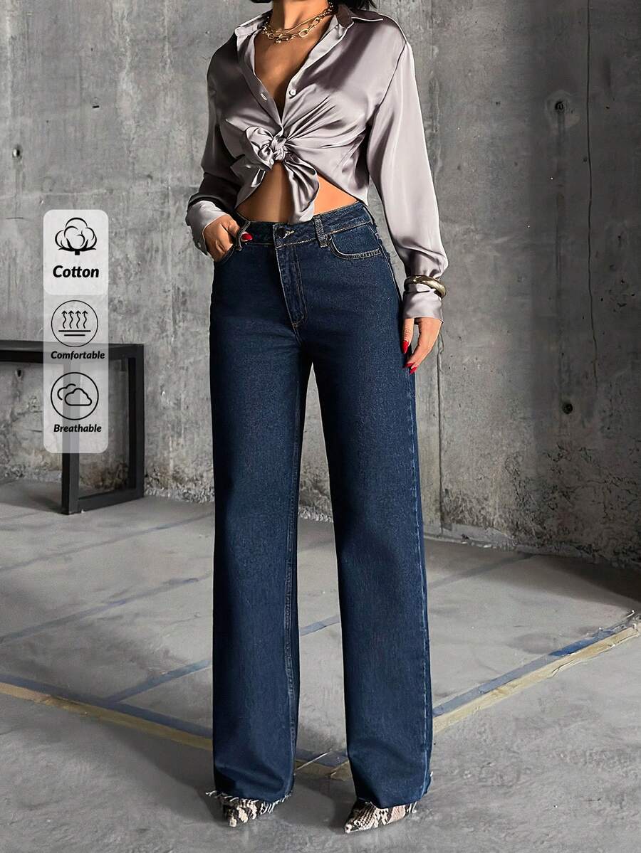 WOMEN CLASSIC HIGH WAIST STRAIGHT DARK BLUE JEAN - Dark Wash - View 1