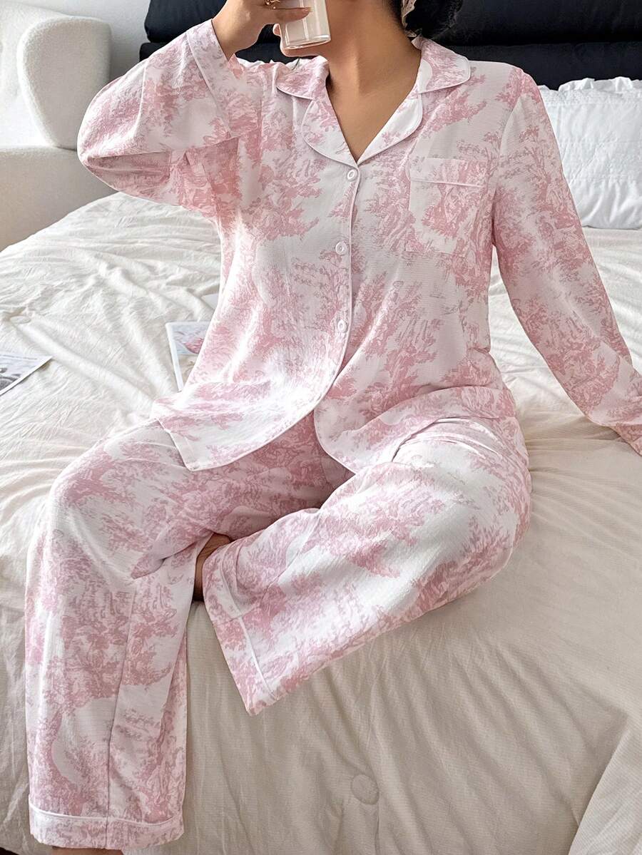 SHEIN Bubble Print Shirt Style Top & Pants Sleepwear Set, Plus Size Pink Pajamas Soft Pajamas Floral Pj Set Lounge Wear Set, Cozy Outfit, Fall Winter Clothes - Pink - View 1