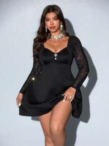 Viva Relle Square Neck Black Long Waist Cinching Fitted Dress, A-Line Sleeve Embroidered Patchwork, Elegant Plus Size Slimming Dress