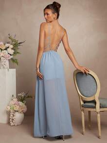 L'Amorae Váy maxi dài hở lưng bằng vải voan màu xanh bụi thanh lịch, không tay, cổ chữ V thấp, bồng bềnh - Màu xanh bụi bặm - Xem 2