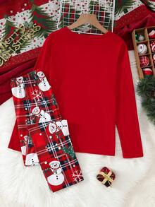SHEIN 圣诞节幼儿男孩可爱有趣的圣诞帽、圣诞树、游戏机印花、优雅雪人、格子长裤、长袖休闲舒适圆领两件套睡衣套装 - 紅色 - 查看 2