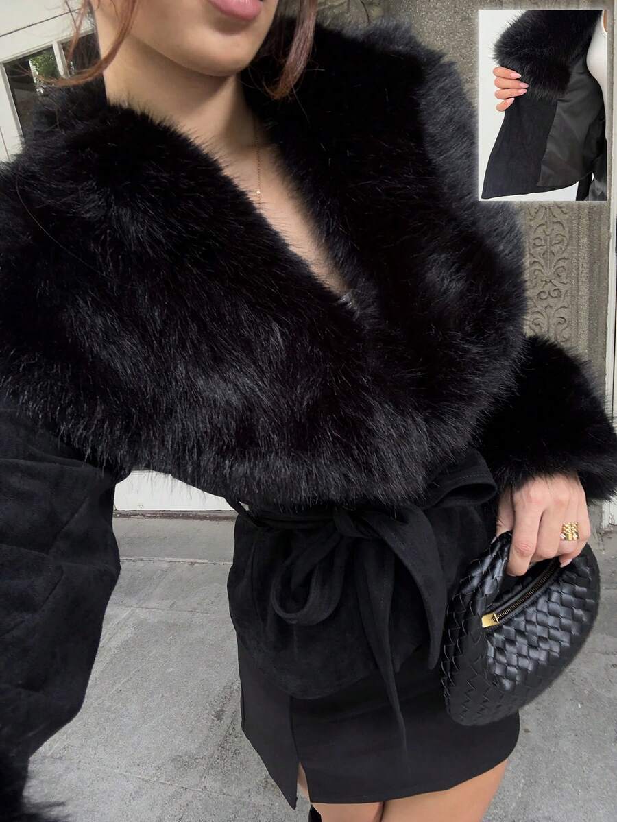 SHEIN Unity 女式黑色翻领拼接仿皮草收腰修身长袖夹克，性感派对时尚外套，欧美风格 - 黑色 - 查看 1