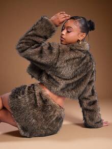 Denimoi 女式人造毛领短款性感夹克 - 棕色 - 查看 4