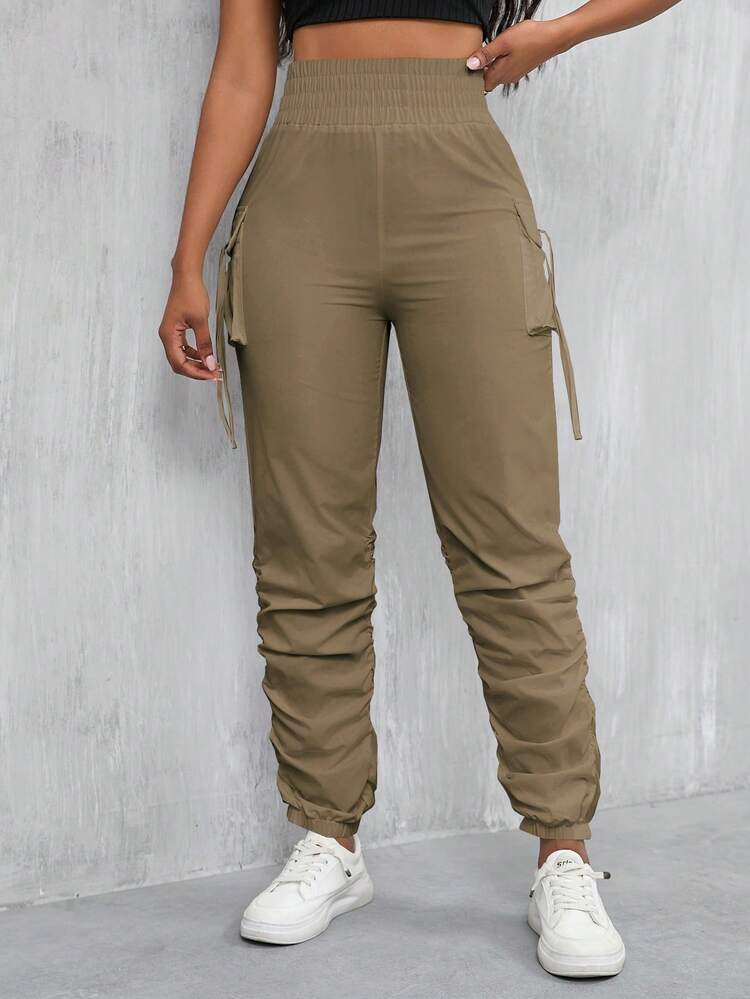 Zolique Women's Solid Color High Waist 3D Pocket Harem Pants - Khaki - View 5