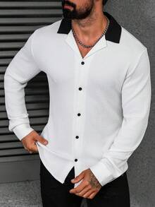 Manfinity CasualCool Men's Contrast Color Lapel Long Sleeve Single-Breasted Casual Shirt - Black and White - View 1