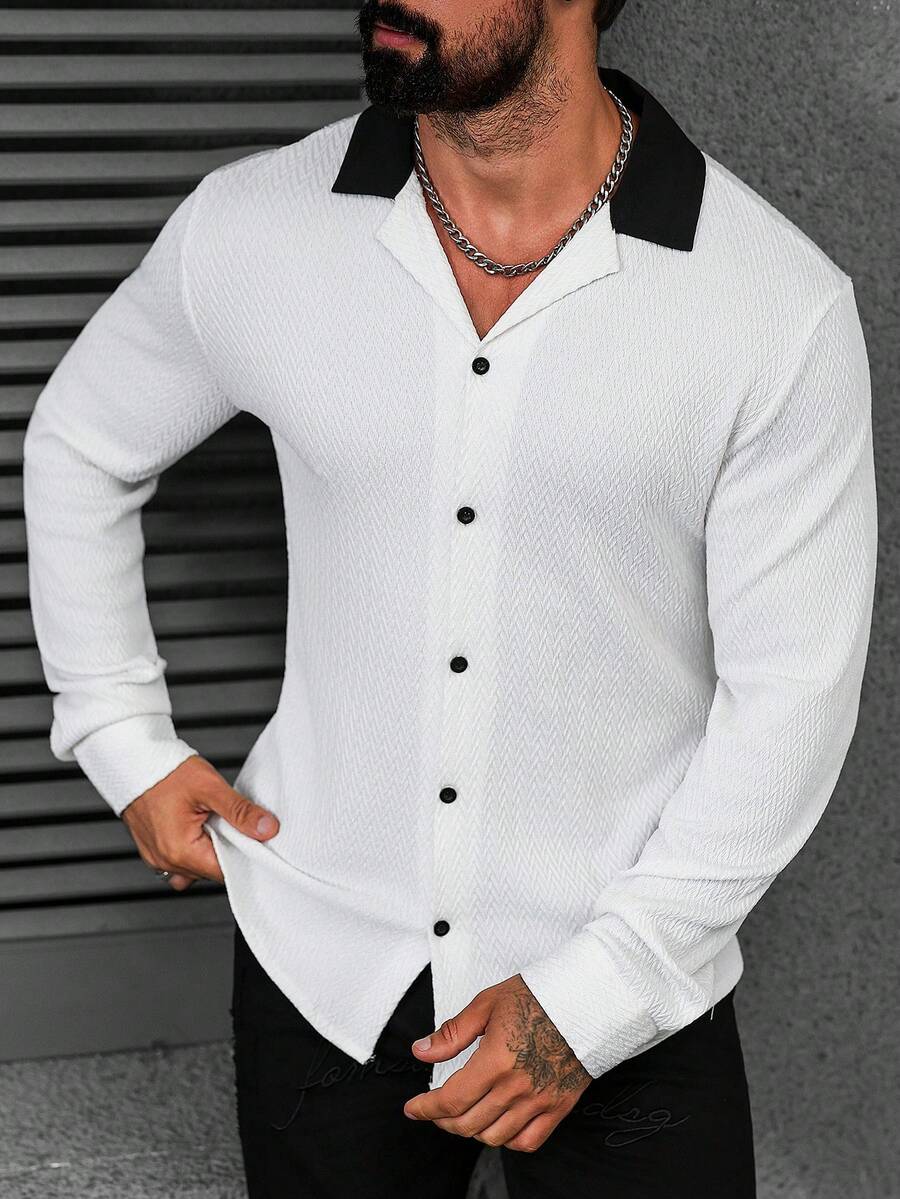 Manfinity CasualCool Men's Contrast Color Lapel Long Sleeve Single-Breasted Casual Shirt - Black and White - View 1